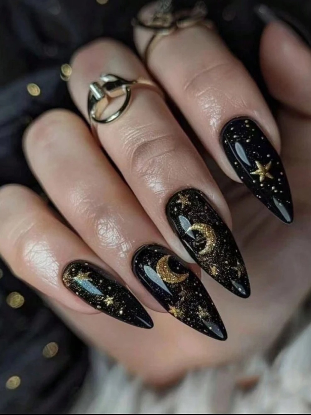 Black & Gold Celestial Stiletto Press-On Nail Set NEW 🏷️